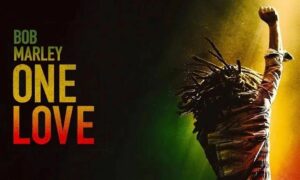 Grafik Banner zum Film "Bob Marley - One Love". Spezial Kino Runde im Kino Hasenheide, Berlin anlässlich der Hanfparade am 10. August. Mit freundlicher Genehmigung durch Paramount.